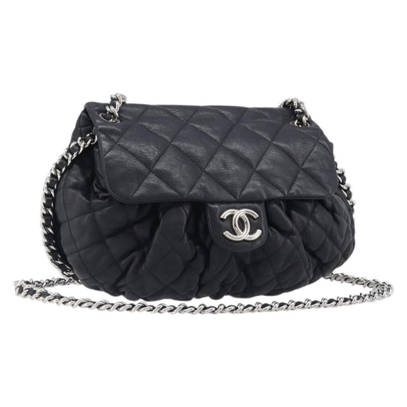 CHANEL Matelasse Chain Shoulder Bag Lamb Skin Black Silver CC Auth ka6097SAV