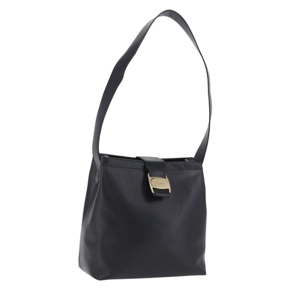 Salvatore Ferragamo Vala Shoulder Bag Leather Black Gold Tone Auth ka6109