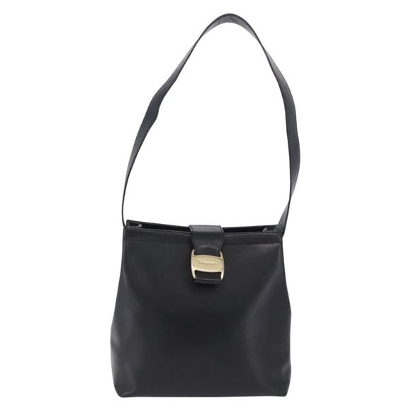 Salvatore Ferragamo Vala Shoulder Bag Leather Black Gold Tone Auth ka6109