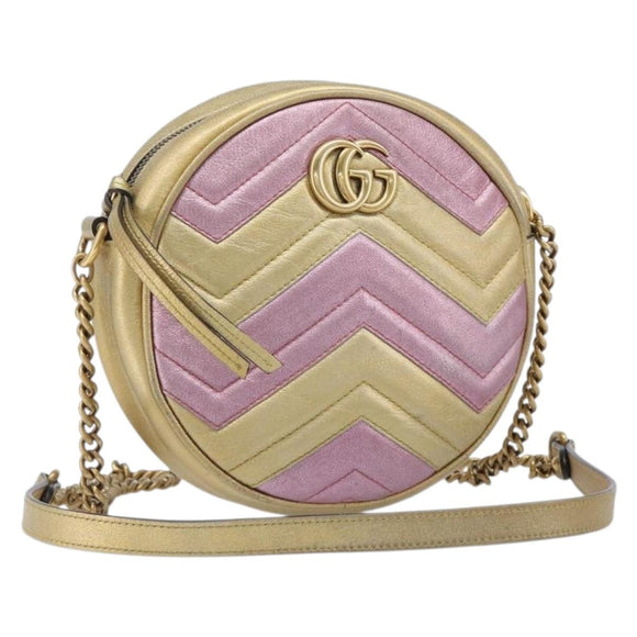 GUCCI GG Marmont Chain Shoulder Bag Leather Gold Pink 550154 Auth ka6138A