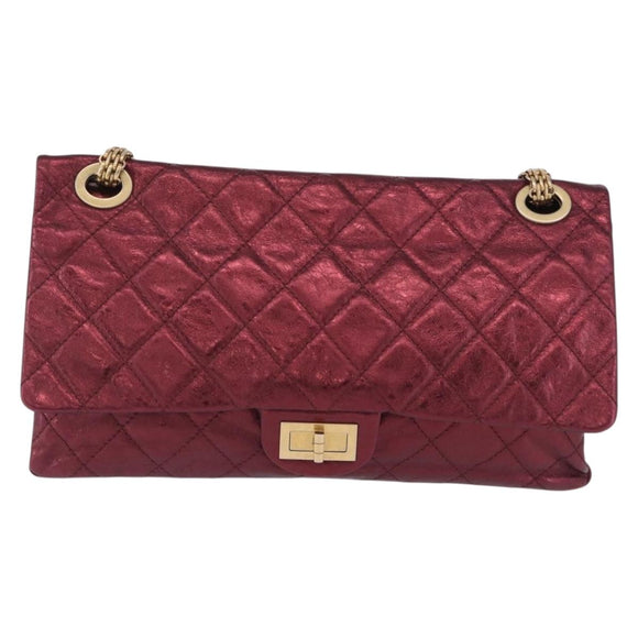 CHANEL 2.55 Matelasse Chain Shoulder Bag Lamb Skin Red Gold CC Auth ka6142SAV