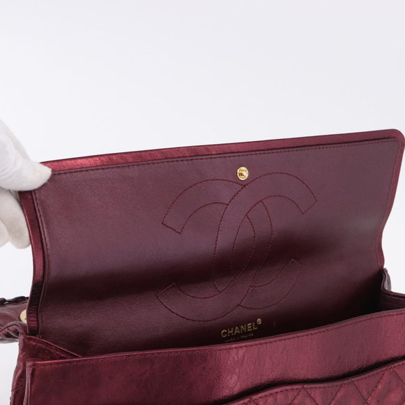 CHANEL 2.55 Matelasse Chain Shoulder Bag Lamb Skin Red Gold CC Auth ka6142SAV