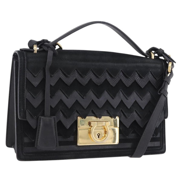 Salvatore Ferragamo Gancini Hand Bag Suede 2way Black Gold Tone Auth ka6147