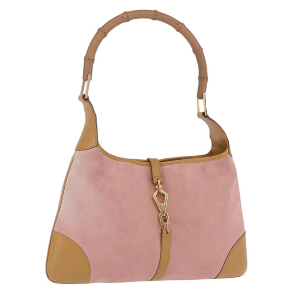 GUCCI Jackie Bamboo Hand Bag Suede Pink Gold Tone 001 4060 Auth ka6156