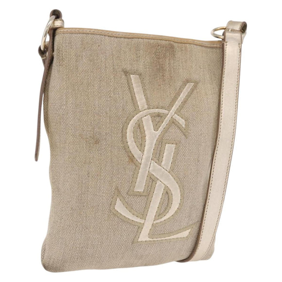 SAINT LAURENT Shoulder Bag Canvas Beige Gold Tone Auth ka6165