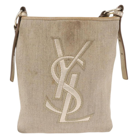 SAINT LAURENT Shoulder Bag Canvas Beige Gold Tone Auth ka6165