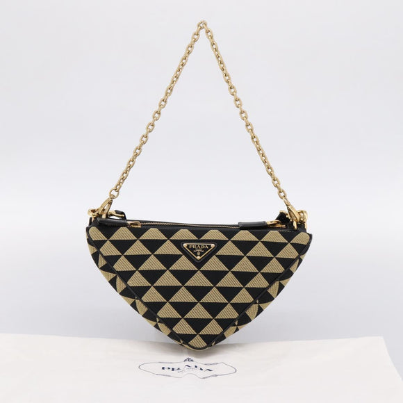 PRADA Triangle Hand Bag Canvas Leather 2way Beige Black 1BC176 Auth ka6170M