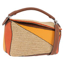 LOEWE Puzzle Bag Hand Bag Raffia Leather 2way Beige Silver Auth ka6171M-1