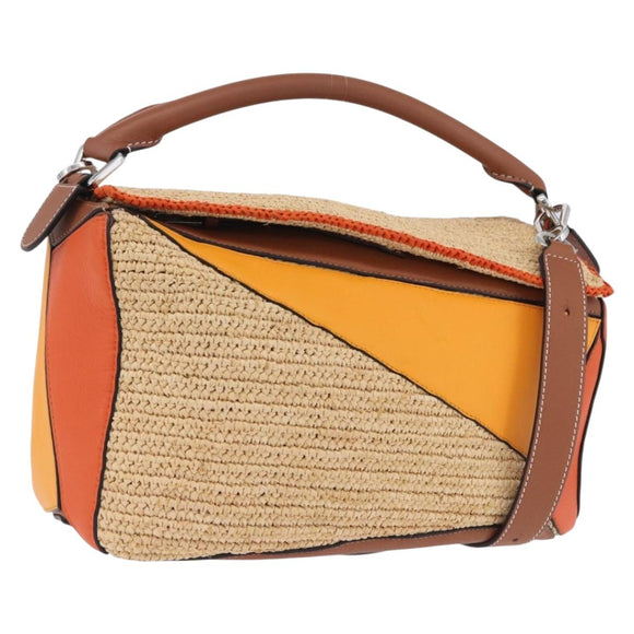 LOEWE Puzzle Bag Hand Bag Raffia Leather 2way Beige Silver Auth ka6171M