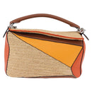 LOEWE Puzzle Bag Hand Bag Raffia Leather 2way Beige Silver Auth ka6171M-13