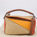 LOEWE Puzzle Bag Hand Bag Raffia Leather 2way Beige Silver Auth ka6171M-12