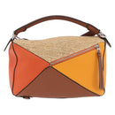 LOEWE Puzzle Bag Hand Bag Raffia Leather 2way Beige Silver Auth ka6171M-2