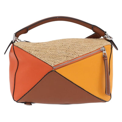 LOEWE Puzzle Bag Hand Bag Raffia Leather 2way Beige Silver Auth ka6171M - 0