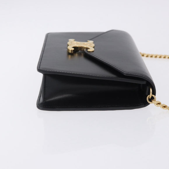CELINE Triomphe Chain Shoulder Bag Leather Black Gold Tone Auth ka6199SAM