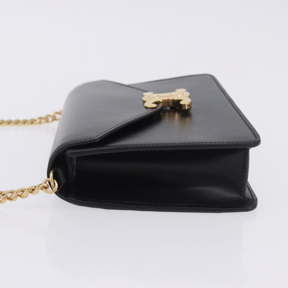 CELINE Triomphe Chain Shoulder Bag Leather Black Gold Tone Auth ka6199SAM