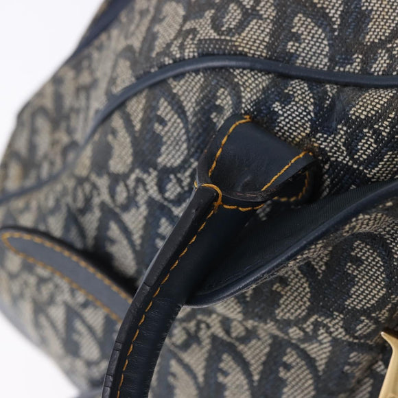 Christian Dior Trotter Canvas Double Saddle Hand Bag Navy Gold Tone Auth ka6207