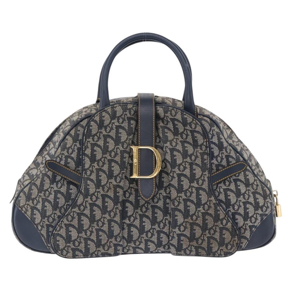 Christian Dior Trotter Canvas Double Saddle Hand Bag Navy Gold Tone Auth ka6207