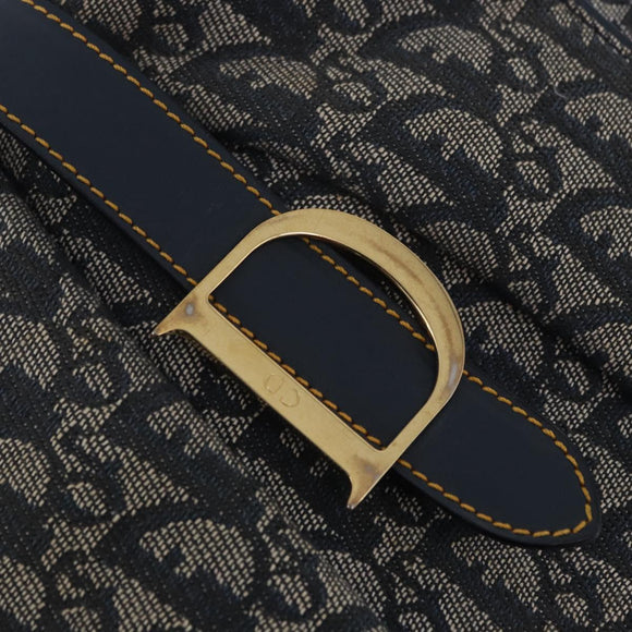Christian Dior Trotter Canvas Double Saddle Hand Bag Navy Gold Tone Auth ka6207