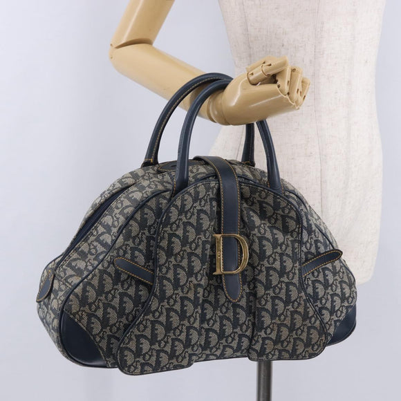 Christian Dior Trotter Canvas Double Saddle Hand Bag Navy Gold Tone Auth ka6207