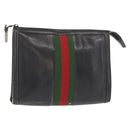 GUCCI Web Sherry Line Clutch Bag Leather Black Gold Auth ka622-1