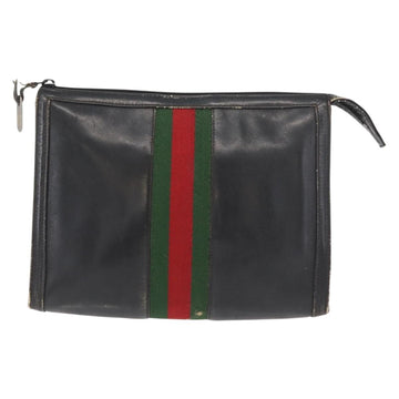 GUCCI Web Sherry Line Clutch Bag Leather Black Gold Auth ka622 - 0