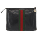 GUCCI Web Sherry Line Clutch Bag Leather Black Gold Auth ka622-3