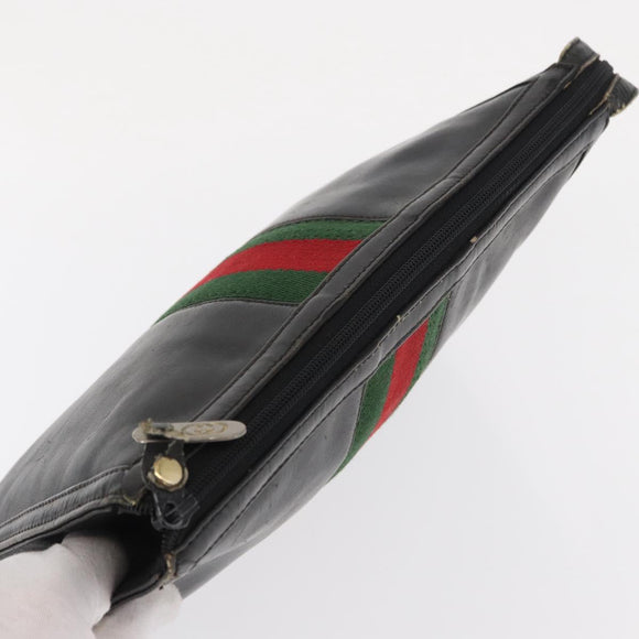 GUCCI Web Sherry Line Clutch Bag Leather Black Gold Auth ka622