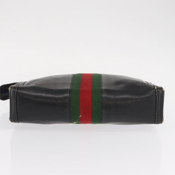 GUCCI Web Sherry Line Clutch Bag Leather Black Gold Auth ka622