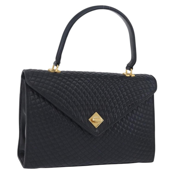 BALLY Hand Bag Leather Navy Gold Tone Auth ka6224