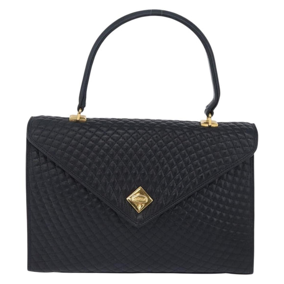 BALLY Hand Bag Leather Navy Gold Tone Auth ka6224