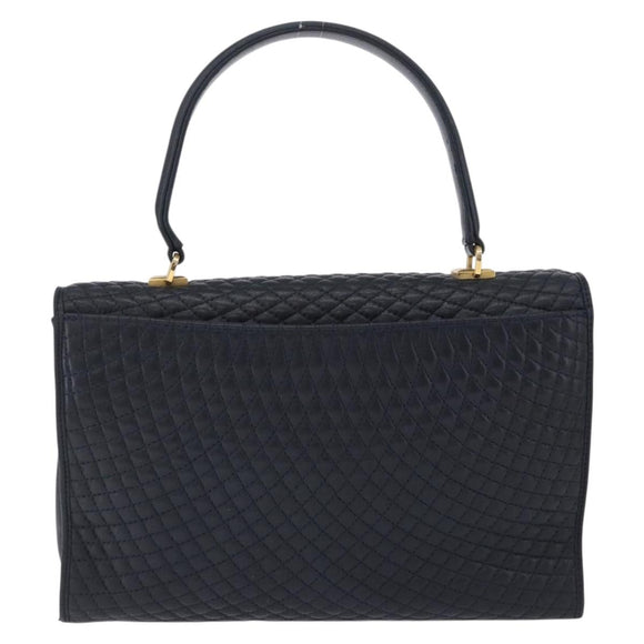 BALLY Hand Bag Leather Navy Gold Tone Auth ka6224