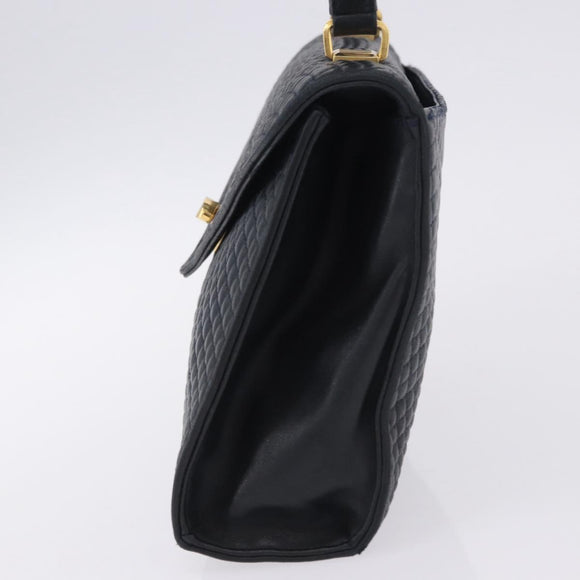 BALLY Hand Bag Leather Navy Gold Tone Auth ka6224