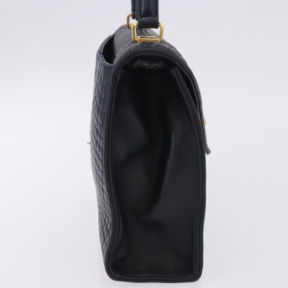 BALLY Hand Bag Leather Navy Gold Tone Auth ka6224
