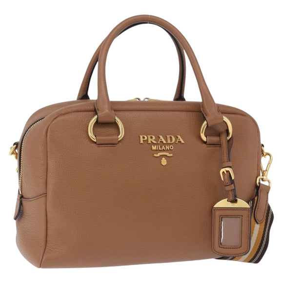 PRADA Hand Bag Leather 2way Beige Gold Tone Auth ka6236M