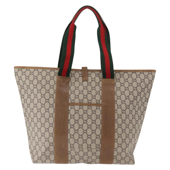 GUCCI GUCCI Plus Supreme Web Sherry Line Tote Bag PVC Beige Gold Auth ka624