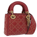 Christian Dior Lady Dior Canage Hand Bag Lamb Skin 2way Red Gold Auth ka6240V-1