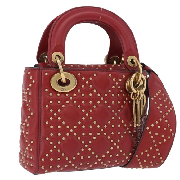 Christian Dior Lady Dior Canage Hand Bag Lamb Skin 2way Red Gold Auth ka6240V