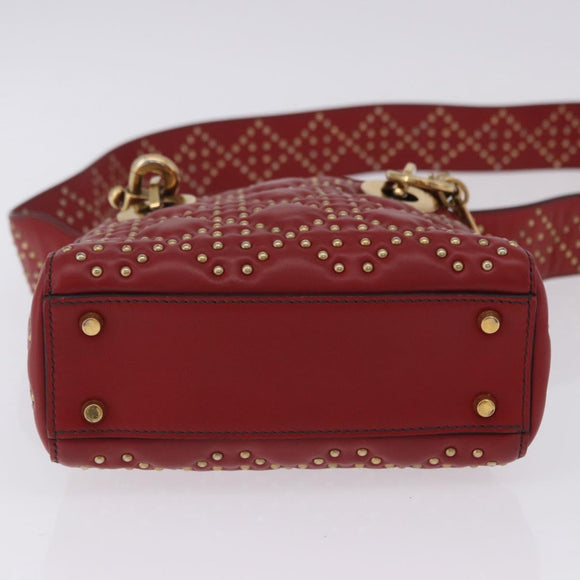 Christian Dior Lady Dior Canage Hand Bag Lamb Skin 2way Red Gold Auth ka6240V