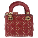 Christian Dior Lady Dior Canage Hand Bag Lamb Skin 2way Red Gold Auth ka6240V-2