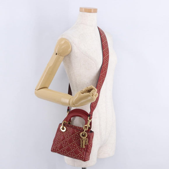 Christian Dior Lady Dior Canage Hand Bag Lamb Skin 2way Red Gold Auth ka6240V