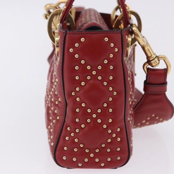 Christian Dior Lady Dior Canage Hand Bag Lamb Skin 2way Red Gold Auth ka6240V