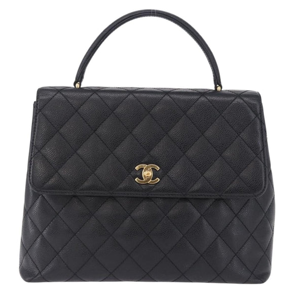 CHANEL Matelasse Hand Bag Caviar Skin Black Gold Tone CC Auth ka6241V