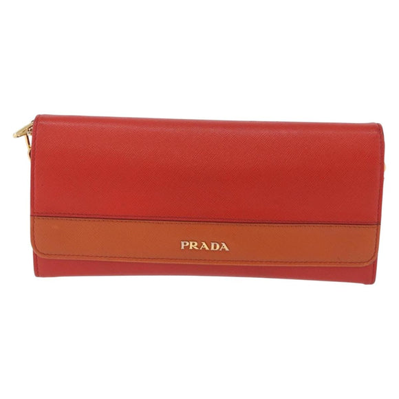 PRADA Chain Shoulder Wallet Saffiano Leather Orange Gold Tone Auth ka6249