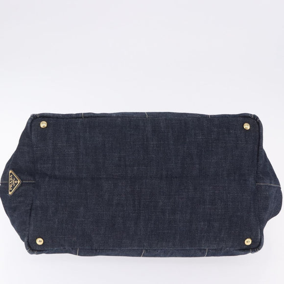 PRADA Canapa GM Hand Bag Denim Blue Gold Tone Auth ka6253V
