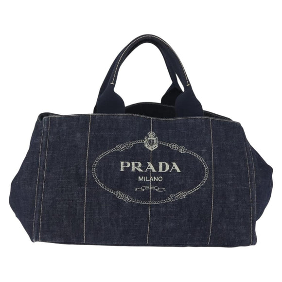 PRADA Canapa GM Hand Bag Denim Blue Gold Tone Auth ka6253V