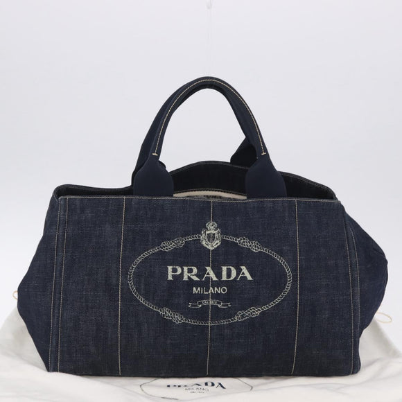 PRADA Canapa GM Hand Bag Denim Blue Gold Tone Auth ka6253V