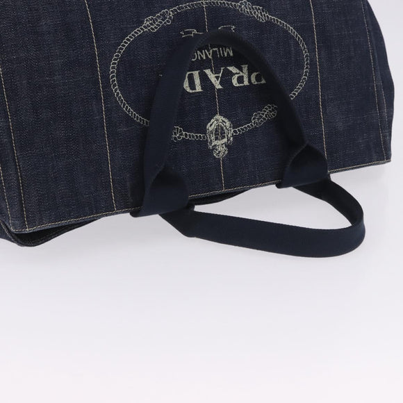 PRADA Canapa GM Hand Bag Denim Blue Gold Tone Auth ka6253V
