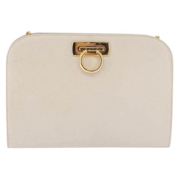 Salvatore Ferragamo Gancini Chain Shoulder Bag Leather White Gold Auth ka6255