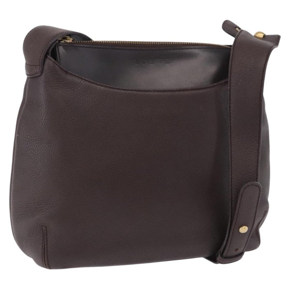 LOEWE Shoulder Bag Leather Dark Brown Gold Tone Auth ka6261A