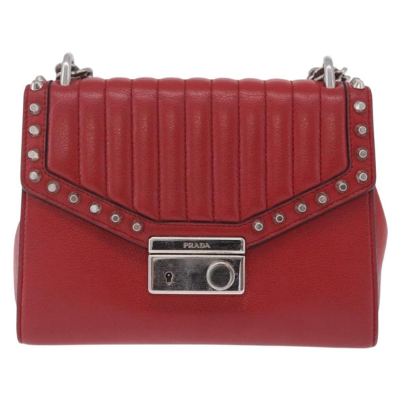 PRADA Chain Shoulder Bag Leather Red Silver Auth ka6268V